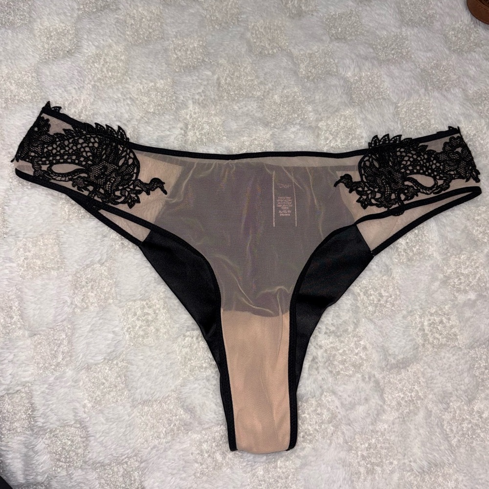 Victoria’s Secret Black Satin + Beige Mesh with Lace Dragon Cheeky Panty • XL